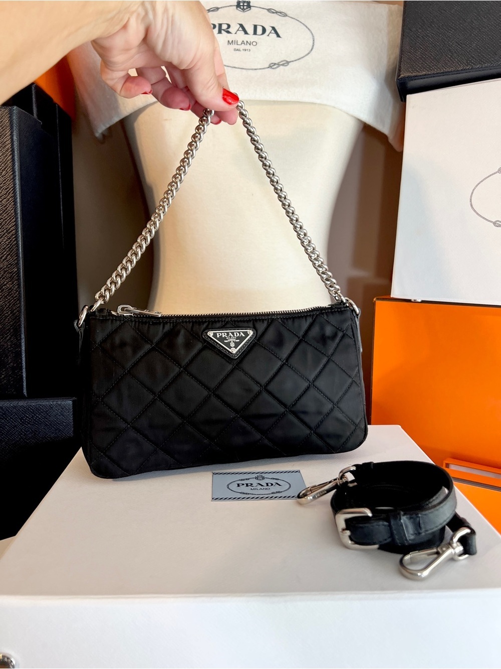PRADA!! Authentic Prada bag! Black Quilted Nylon Bag with Silver Chain! Offers! - Picture 16 of 16